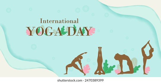 Vector design of people doing Yoga asana for International Yoga Day celebrated on 21st June