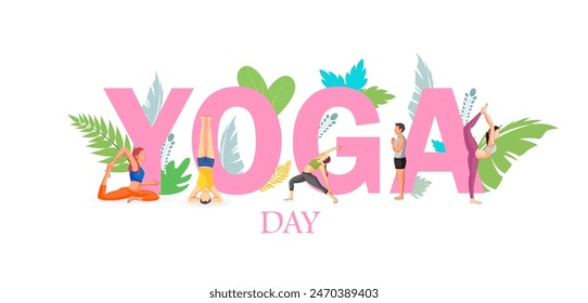 Diseño de Vector de personas haciendo Yoga asana para el Día Internacional del Yoga celebrado el 21 de junio