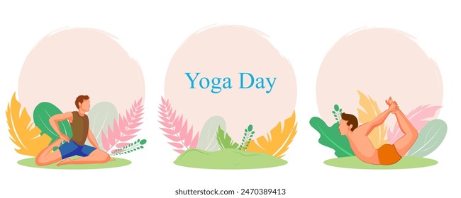 Diseño de Vector de personas haciendo Yoga asana para el Día Internacional del Yoga celebrado el 21 de junio