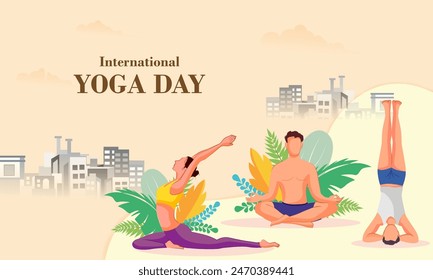 Vector design of people doing Yoga asana for International Yoga Day celebrated on 21st June
