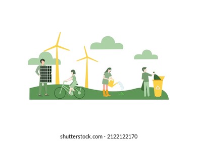 Vector design people group choosing a sustainable eco-friendly lifestyle: people collecting and recycling waste in a park, growing plants and using renewable energies, ecology and cooperation concept.