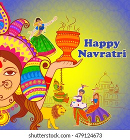 Vector design of People performing Dhunuchi dance and Garba for Happy Navratri in Indian art style