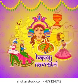 Vector design of People performing Dhunuchi dance and Garba for Happy Navratri in Indian art style