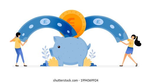 Vector Design Of People Racing To Saving. Piggy Bank Suck Customer Money. Awareness Of Investment, Banking, Finance. Illustration Can Be For Websites, Posters, Banners, Mobile Apps, Web, Social Media
