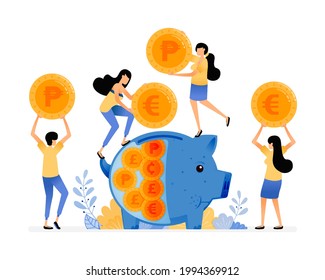 Vector Design Of People Save Coins In Piggy Banks. Awareness Of People To Save In Banking System. Financial Literacy. Illustration Can Be For Websites, Posters, Banners, Mobile Apps, Web, Social Media