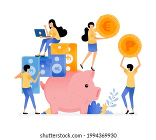 Vector Design Of People Save In Piggy Banks. Collect Coins And Paper Money. Banking Awareness And Financial Literacy. Illustration Can Be For Websites, Posters, Banners, Mobile Apps, Web, Social Media