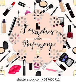 Vector design with perfume, cosmetics. Seamless pattern. Nail polish, mascara, lipstick, eye shadows, brush, powder, lip gloss, lips. Lettering Perfumes, Cosmetics.