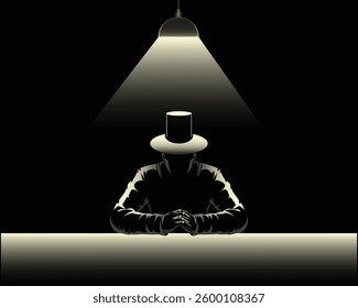 vector design of a person in black clothes and a hat sitting in a dark room and next to a table under the light of a lamp