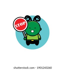 Diseño vectorial de la persona que tiene un panel de aviso de parada de la piel verde