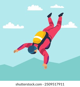 A vector design of a person skydiving, depicting an exciting freefall over mountains. Perfect for adventure sports and extreme sports themes.