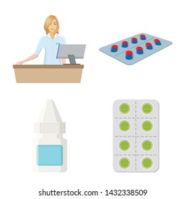 Vector design of pharmacy and pharmaceutical icon. Set of pharmacy and health stock vector illustration.