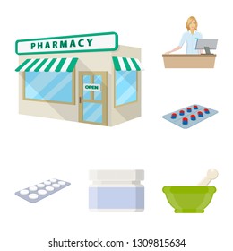 Vector design of pharmacy and pharmaceutical logo. Set of pharmacy and health stock vector illustration.