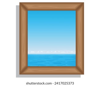 vector design of a photo frame in the form of a brown rectangular box made of wood with a view of a clear, cloudy sky and blue sea on the inside of the frame