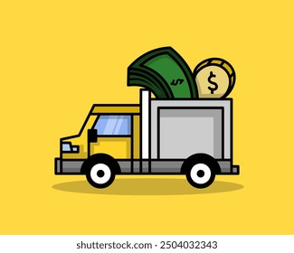 vector design of a pick-up car transporting money and gold on a yellow background
