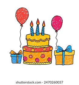 Imagen de diseño de Vector de pan con vela y algunos regalos de globo adecuados para el contenido infantil, páginas para colorear, libro de cuentos, Plantilla de dibujos animados
