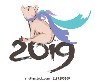 vector design, piggy sitting on numbers 2019, in a scarf, a symbol of the new year