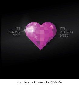 Vector design. Pink dark edition of a mirror ball designed 3D  shiny scalable heart illustration colorful, bright graphics, for party invitation for valentines day brochure or printed presentation 