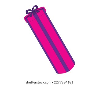 vector design of a pink elongated tubular gift with dark blue bow ties on the sides and top