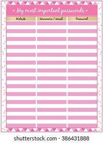 Vector design pink and glam.Password keeper printable sheet for keeping track of your important passowrds,