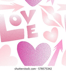 Vector design in pink and magenta colors. Flat design of hearts, cupid's arrow, lipstick kisses and love word. Seamless pattern of icon love symbols on a white.