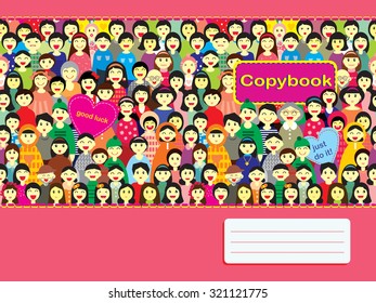 Vector design of pink notebook cover with the image of a crowd of children different ages in colorful clothes in the fun cartoon style