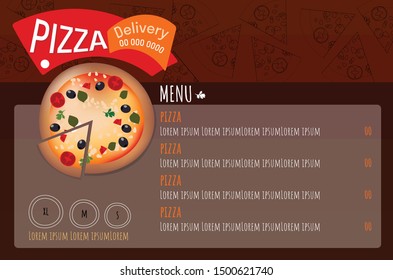 Diseño vectorial Menú ilustrativo Pizza o Leaflet en tonos cálidos para la entrega de comida o el restaurante