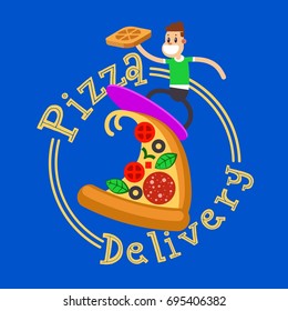 Vector design for pizza delivery, italian restaurant menu, cafe, pizzeria, happy surfer