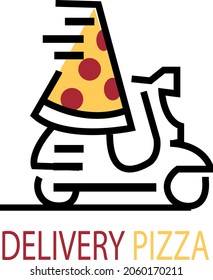 Vector design for pizza delivery,  Pizza with wheels on white background. Slice of pizza with tomato, olives, mushrooms. Fast food delivery symbol.