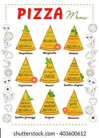 Vector design for pizza. Food collection, Ingredients for pizza. Margherita, Hawaii, Neapolitano, Qattro formaggi-four cheese, capricciosa, seafood, qattro stagioni- four seasons, diabola