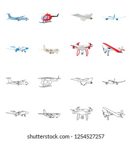 Vector design of plane and transport icon. Set of plane and sky vector icon for stock.