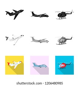 Vector design of plane and transport sign. Set of plane and sky stock symbol for web.