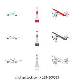 Vector design of plane and transport sign. Set of plane and sky stock symbol for web.