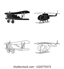 Vector design of plane and transport sign. Set of plane and sky stock symbol for web.