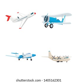 Vector design of plane and transport sign. Set of plane and sky vector icon for stock.