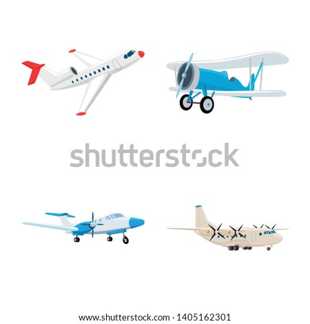 Vector design of plane and transport sign. Set of plane and sky vector icon for stock.