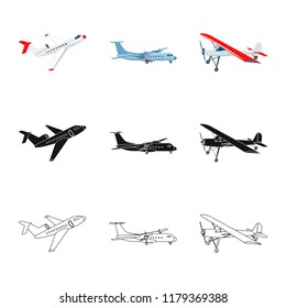 Vector design of plane and transport symbol. Set of plane and sky vector icon for stock.