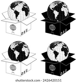 Vector design planet earth coming out of a cardboard box, worldwide shipping box design