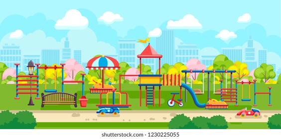 Vector design with playground in green park on urban background