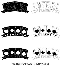 vector design of poker cards with ribbons, poker symbols of heart, diamond, clover and ace