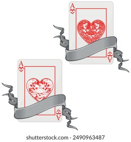 vector design of poker cards with ribbons, with heart symbols, ribbon surrounding a Halloween style poker card