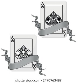 vector design of poker cards with ribbons, with ace symbols, ribbon surrounding a Halloween style poker card