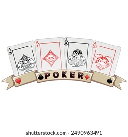 vector design of Poker cards with ribbons, poker symbols of heart, diamond, clover and ace with different skull designs