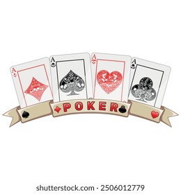 vector design of Poker cards with ribbons, poker symbols of heart, diamond, clover and ace with different skull designs