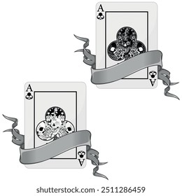 vector design of poker cards with ribbons, with clover symbols, ribbon surrounding a Halloween style poker card