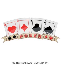 vector design of poker cards with ribbons, poker symbols of heart, diamond, clover and ace