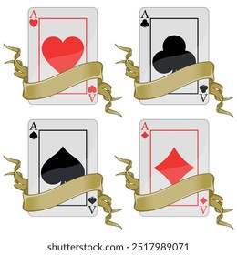 design vetorial de cartões de poker com fitas, símbolos de poker de coração, diamante, trevo e ás