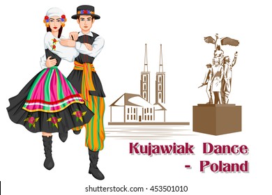 Vector design of Polish Couple performing Kujawiak dance of Poland