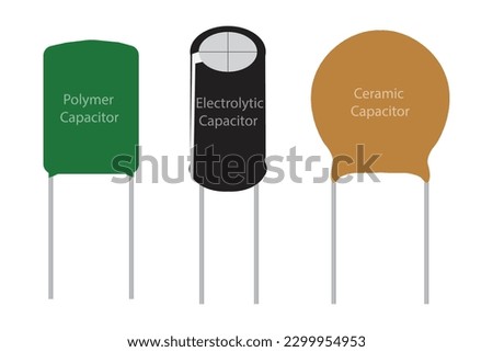 vector design of polymeric, ceramic and electrolytic capacitors in one frame isolated with white background.