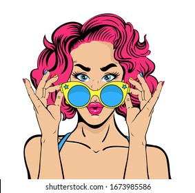 Vector design of Pop art style retro lady wearing sunglasses.Vector Graphic in background. Sexy women face art retro comic style.