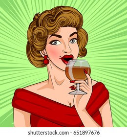 Vector Design Of Pop Art Style Retro Lady Holding Glass Of Wine